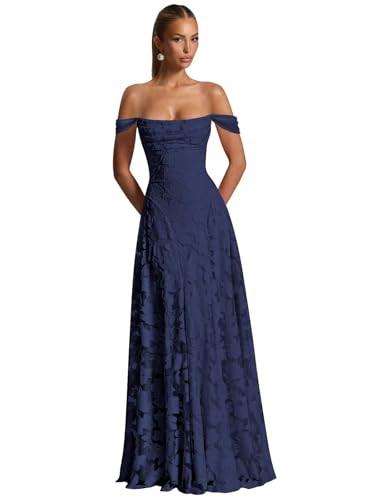 JAEDEN Ballkleider Damen Lang Blumen Abendkleider A-Linie Brautjungfernkleider Schulterfrei Abschlusskleid Marineblau 38 von JAEDEN