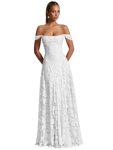 JAEDEN Ballkleider Damen Lang Blumen Abendkleider A-Linie Brautjungfernkleider Schulterfrei Abschlusskleid Weiß 38 von JAEDEN