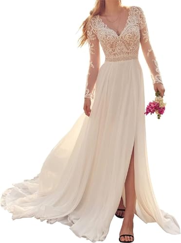 JAEDEN Boho Brautkleid Hochzeitskleid Damen Lang Spitzen Brautkleider Langarm Standesamtkleid Elfenbein 32 von JAEDEN