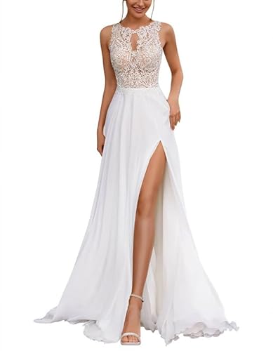 JAEDEN Boho Brautkleider mit Spitze Strand Chiffon Hochzeitskleider Schlicht Standesamtliche Brautkleid Weiß 38 von JAEDEN