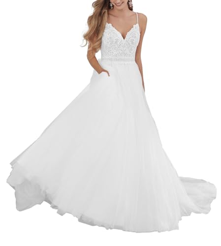 JAEDEN Boho Spaghettiträger Brautkleider A-Linie Strand Hochzeitskleider Tüll Standesamtkleid Weiß 42 von JAEDEN