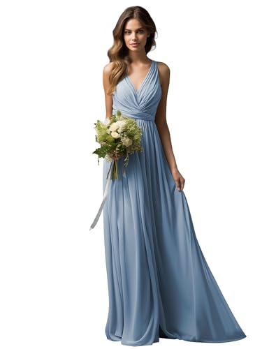 JAEDEN Brautjungfernkleid Lang A-Linie Abendkleid Chiffon Falten Hochzeit Party Kleid V-Ausschnitt Ärmellos Staubiges Blau 38 von JAEDEN