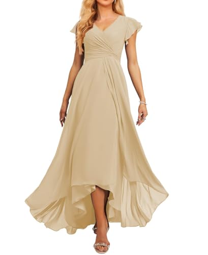 JAEDEN Brautjungfernkleid V-Ausschnitt Chiffon Abendkleider Lang Formelle Festliche Party Kleider für Damen Champagner 54 von JAEDEN