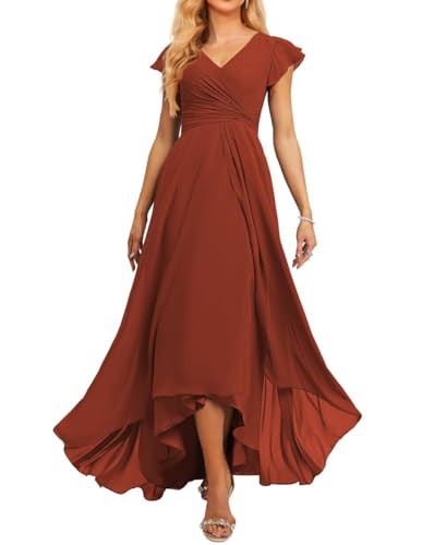 JAEDEN Brautjungfernkleid V-Ausschnitt Chiffon Abendkleider Lang Formelle Festliche Party Kleider für Damen Rost 44 von JAEDEN