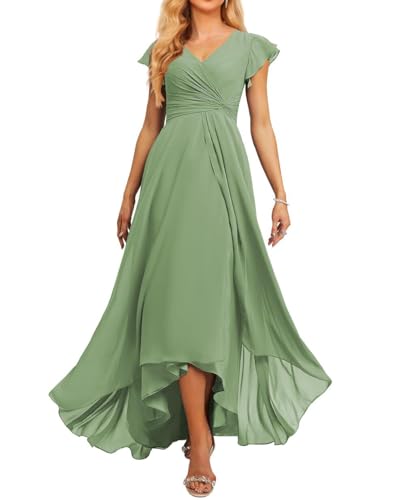 JAEDEN Brautjungfernkleid V-Ausschnitt Chiffon Abendkleider Lang Formelle Festliche Party Kleider für Damen Staubiger Salbei 32 von JAEDEN