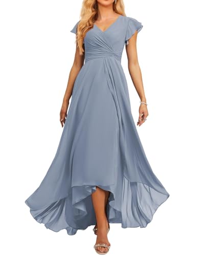 JAEDEN Brautjungfernkleid V-Ausschnitt Chiffon Abendkleider Lang Formelle Festliche Party Kleider für Damen Staubiges Blau 36 von JAEDEN