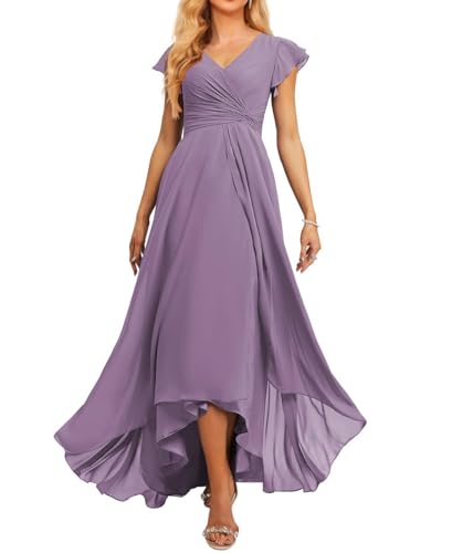 JAEDEN Brautjungfernkleid V-Ausschnitt Chiffon Abendkleider Lang Formelle Festliche Party Kleider für Damen Staubiges Lila 48 von JAEDEN