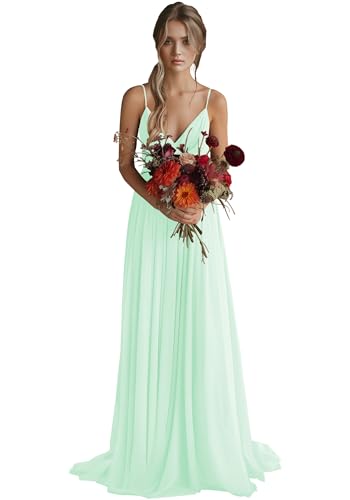 JAEDEN Brautjungfernkleider A-Linie Spaghettiträger Abendkleider Chiffon Lang Hochzeit Party Kleider Mintgrün 34 von JAEDEN