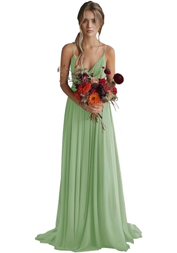 JAEDEN Brautjungfernkleider A-Linie Spaghettiträger Abendkleider Chiffon Lang Hochzeit Party Kleider Staubiger Salbei 36 von JAEDEN