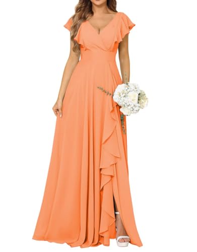 JAEDEN Brautjungfernkleider Damen Chiffon Abendkleider für Hochzeit A-Linie V-Ausschnitt Orange 48 von JAEDEN