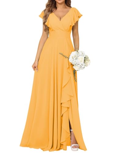 JAEDEN Brautjungfernkleider Damen Chiffon Abendkleider für Hochzeit A-Linie V-Ausschnitt Senfgelb 46 von JAEDEN