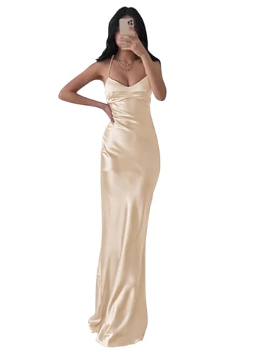 JAEDEN Brautjungfernkleider Damen Satin Abiballkleider Schlichte Abendkleider Rückenfrei Partykleider Champagner 38 von JAEDEN