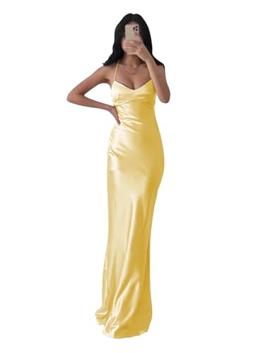 JAEDEN Brautjungfernkleider Damen Satin Abiballkleider Schlichte Abendkleider Rückenfrei Partykleider Gelb 32 von JAEDEN