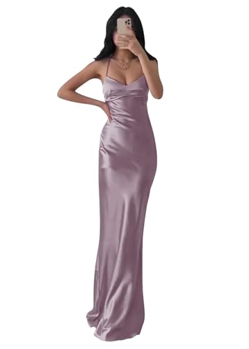 JAEDEN Brautjungfernkleider Damen Satin Abiballkleider Schlichte Abendkleider Rückenfrei Partykleider Mauve 36 von JAEDEN