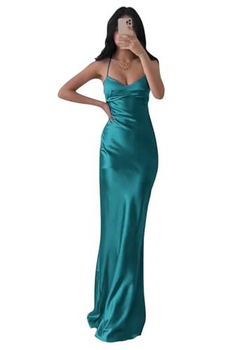JAEDEN Brautjungfernkleider Damen Satin Abiballkleider Schlichte Abendkleider Rückenfrei Partykleider Pfau 36 von JAEDEN