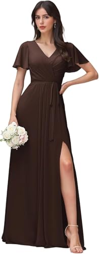 JAEDEN Brautjungfernkleider Kurze Ärmel A-Linie Abendkleider für Hochzeit Chiffon Hochzeits Gast Kleid Festkleider Kaffee 42 von JAEDEN