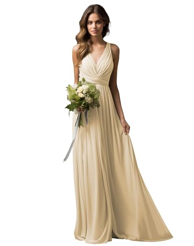JAEDEN Brautjungfernkleider Lang A-Linie Abendkleid Chiffon Falten Hochzeit Party Kleid V-Ausschnitt Ärmellos Champagner 40 von JAEDEN