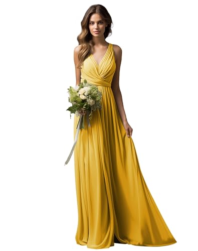 JAEDEN Brautjungfernkleider Lang A-Linie Abendkleid Chiffon Falten Hochzeit Party Kleid V-Ausschnitt Ärmellos Dunkel Gold 38 von JAEDEN