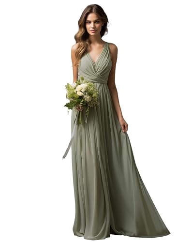 JAEDEN Brautjungfernkleider Lang A-Linie Abendkleid Chiffon Falten Hochzeit Party Kleid V-Ausschnitt Ärmellos Dunkel Salbeigrün 50 von JAEDEN