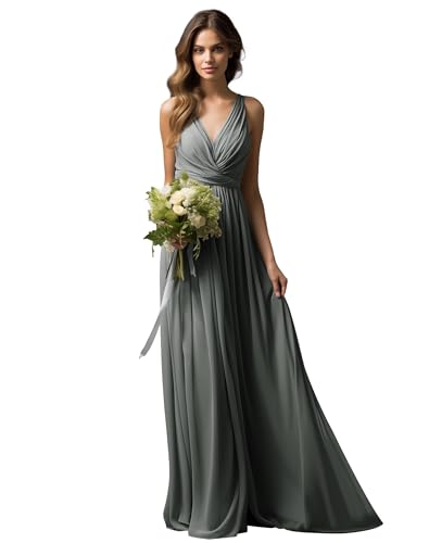 JAEDEN Brautjungfernkleider Lang A-Linie Abendkleid Chiffon Falten Hochzeit Party Kleid V-Ausschnitt Ärmellos Grau 42 von JAEDEN