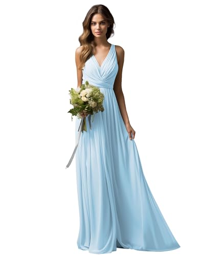 JAEDEN Brautjungfernkleider Lang A-Linie Abendkleid Chiffon Falten Hochzeit Party Kleid V-Ausschnitt Ärmellos Hellblau 42 von JAEDEN