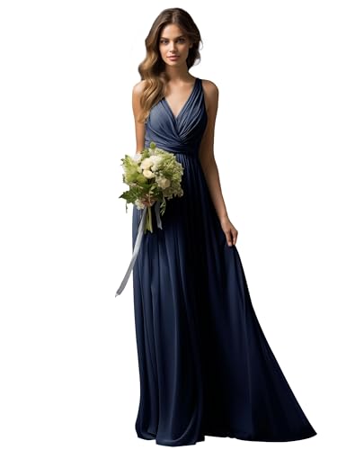 JAEDEN Brautjungfernkleider Lang A-Linie Abendkleid Chiffon Falten Hochzeit Party Kleid V-Ausschnitt Ärmellos Marineblau 38 von JAEDEN