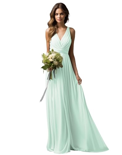 JAEDEN Brautjungfernkleider Lang A-Linie Abendkleid Chiffon Falten Hochzeit Party Kleid V-Ausschnitt Ärmellos Mintgrün 36 von JAEDEN
