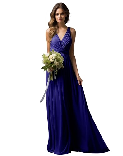 JAEDEN Brautjungfernkleider Lang A-Linie Abendkleid Chiffon Falten Hochzeit Party Kleid V-Ausschnitt Ärmellos Regency 42 von JAEDEN