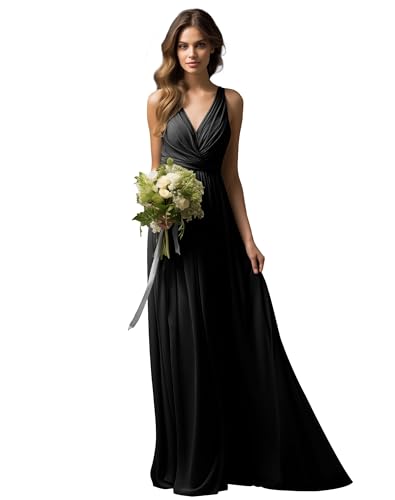 JAEDEN Brautjungfernkleider Lang A-Linie Abendkleid Chiffon Falten Hochzeit Party Kleid V-Ausschnitt Ärmellos Schwarz 38 von JAEDEN