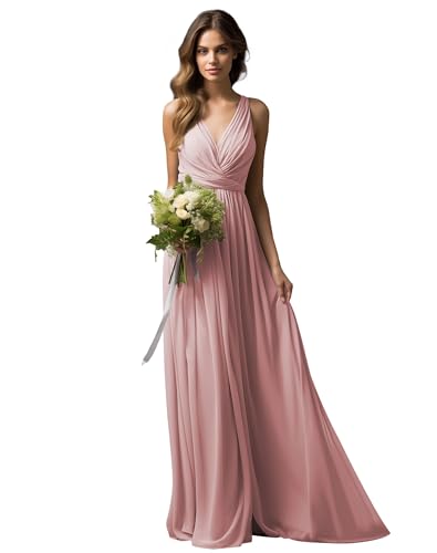 JAEDEN Brautjungfernkleider Lang A-Linie Abendkleid Chiffon Falten Hochzeit Party Kleid V-Ausschnitt Ärmellos Staubige Rose 42 von JAEDEN