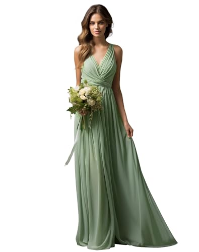 JAEDEN Brautjungfernkleider Lang A-Linie Abendkleid Chiffon Falten Hochzeit Party Kleid V-Ausschnitt Ärmellos Staubiger Salbei 42 von JAEDEN