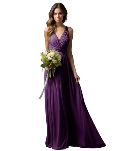 JAEDEN Brautjungfernkleider Lang A-Linie Abendkleid Chiffon Falten Hochzeit Party Kleid V-Ausschnitt Ärmellos Traube 40 JAEDEN Brautjungfernkleider Lang A-Linie Abendkleid Chiffon Falten Hochzeit Party Kleid V-Ausschnitt Ärmellos Traube 40 von JAEDEN