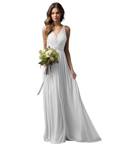 JAEDEN Brautjungfernkleider Lang A-Linie Abendkleid Chiffon Falten Hochzeit Party Kleid V-Ausschnitt Ärmellos Weiß 52 von JAEDEN