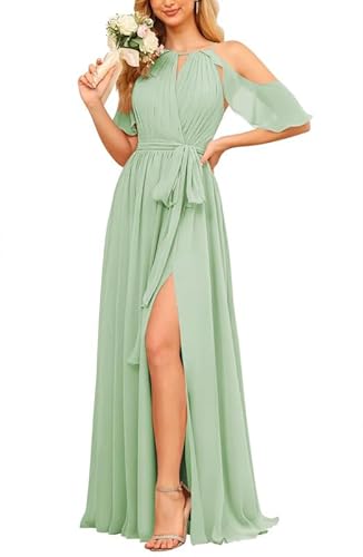 JAEDEN Brautjungfernkleider Lang Chiffon Abendkleid Damen für Hochzeit Neckholder Hochzeitgast Kleid A-Linie Festliches Kleid mit Schlitz Staubiger Salbei 38 von JAEDEN