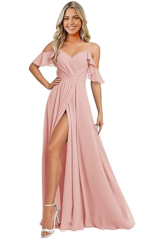 JAEDEN Brautjungfernkleider Lang Chiffon Abendkleider Spaghettiträger A-Linie Hochzeit Gast Kleid Altrosa 40 von JAEDEN