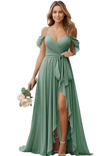 JAEDEN Brautjungfernkleider Lang Chiffon Abendkleider Spaghettiträger A-Linie Hochzeit Gast Kleid Pastellgrün 42 von JAEDEN