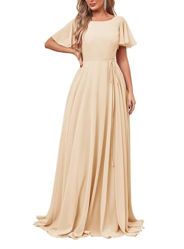 JAEDEN Brautjungfernkleider Lang mit Ärmel Rundhals Formelle Abendkleider Elegant für Hochzeit A-Linie Festliche Hochzeitsgast Kleid Champagner 52 von JAEDEN