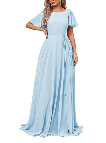 JAEDEN Brautjungfernkleider Lang mit Ärmel Rundhals Formelle Abendkleider Elegant für Hochzeit A-Linie Festliche Hochzeitsgast Kleid Hellblau 40 von JAEDEN