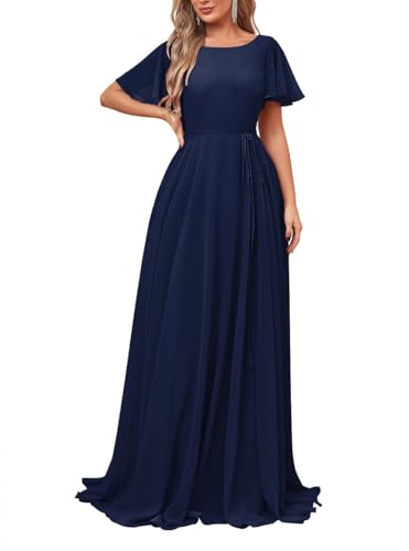 JAEDEN Brautjungfernkleider Lang mit Ärmel Rundhals Formelle Abendkleider Elegant für Hochzeit A-Linie Festliche Hochzeitsgast Kleid Marineblau 48 von JAEDEN