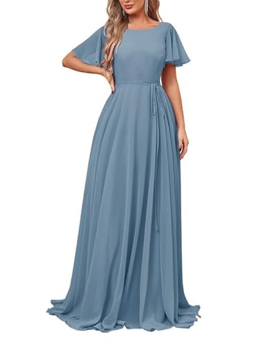 JAEDEN Brautjungfernkleider Lang mit Ärmel Rundhals Formelle Abendkleider Elegant für Hochzeit A-Linie Festliche Hochzeitsgast Kleid Staubiges Blau 46 von JAEDEN