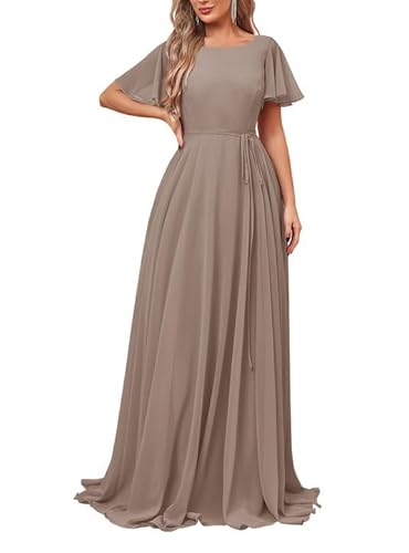 JAEDEN Brautjungfernkleider Lang mit Ärmel Rundhals Formelle Abendkleider Elegant für Hochzeit A-Linie Festliche Hochzeitsgast Kleid Taupe 36 von JAEDEN