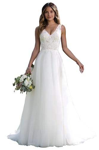 JAEDEN Brautkleid A-Linie Spitze Hochzeitskleider Lang Damen V-Ausschnitt Tüll Standesamtkleid Weiß 38 von JAEDEN