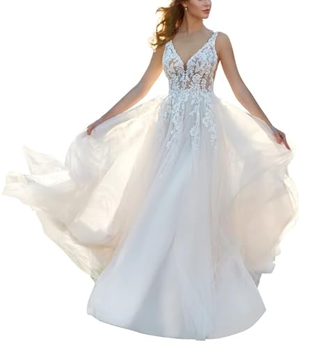 JAEDEN Brautkleid Damen Spitzen A-Linie Hochzeitskleid mit Tüll Prinzessin Brautmode Standesamtkleid Ärmellos V-Ausschnitt Elfenbein 36 von JAEDEN