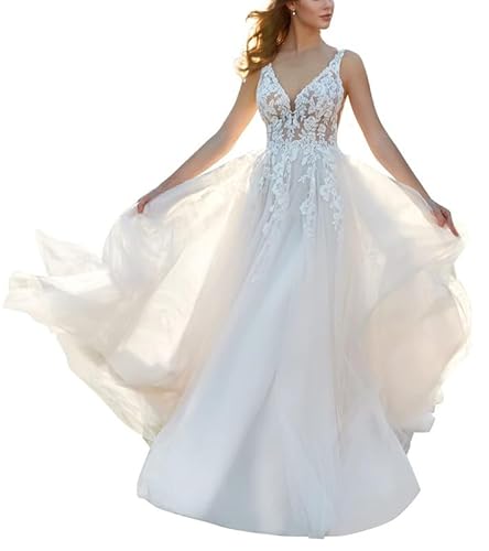 JAEDEN Brautkleid Damen Spitzen A-Linie Hochzeitskleid mit Tüll Prinzessin Brautmode Standesamtkleid Ärmellos V-Ausschnitt Weiß 32 von JAEDEN