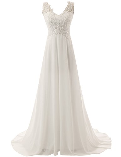 JAEDEN Brautkleid Damen Strand Boho Spitze Hochzeitskleid Ärmellos Chiffon Standesamtliche Trauung Kleider Elfenbein 48 von JAEDEN