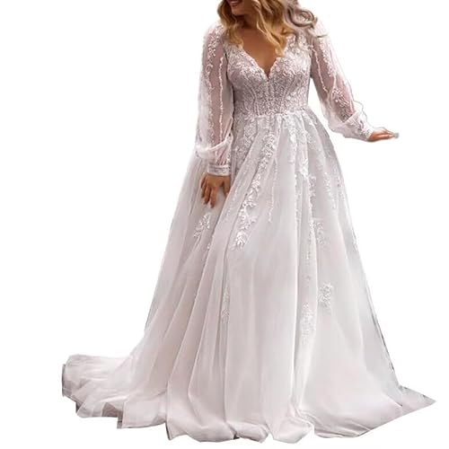 JAEDEN Brautkleid Große Größen mit Ärmel Damen Spitze Hochzeitskleider V-Ausschnitt Boho Brautkleider Standesamt Weiß 44 von JAEDEN