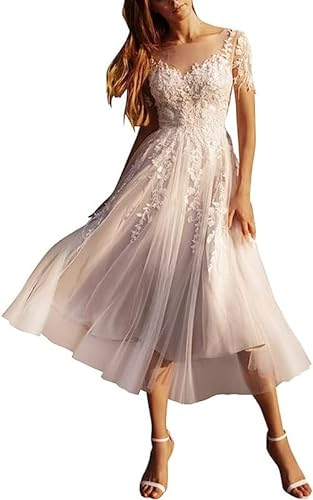JAEDEN Brautkleid Hochzeitskleider Damen Kurz Abendkleider Tüll Spitzen Standesamtliche für Damen Kurzarm Weiß 42 von JAEDEN