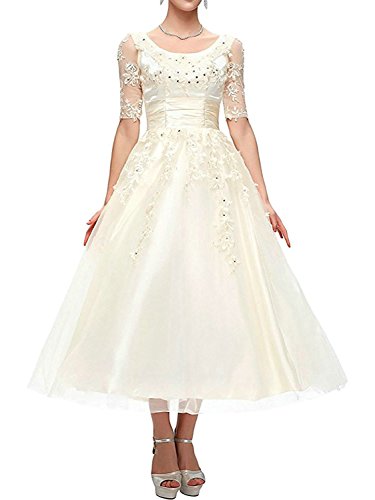 JAEDEN Brautkleid Hochzeitskleider Damen Tüll Spitze Brautmode Kurzarm A Linie Wadenlang Elfenbein EUR48 von JAEDEN