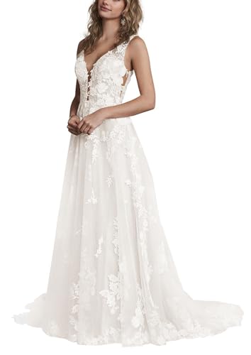 JAEDEN Brautkleid Hochzeitskleider Standesamt Damen Lang Glitzer V-Ausschnitt Spitzen Trauung Kleid Ärmellos Elfenbein 38 von JAEDEN