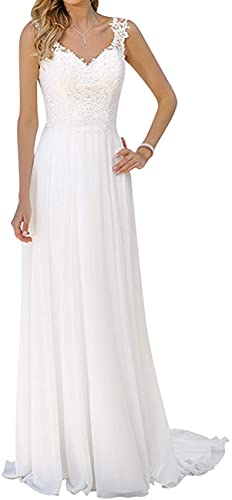 JAEDEN Brautkleid Lang Damen Hochzeitskleider Strand Spitze Chiffon V-Ausschnitt A Linie Weiß EUR54 von JAEDEN